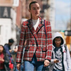 Veronica Beard Harriet Cutaway Jacket in Red Plaid